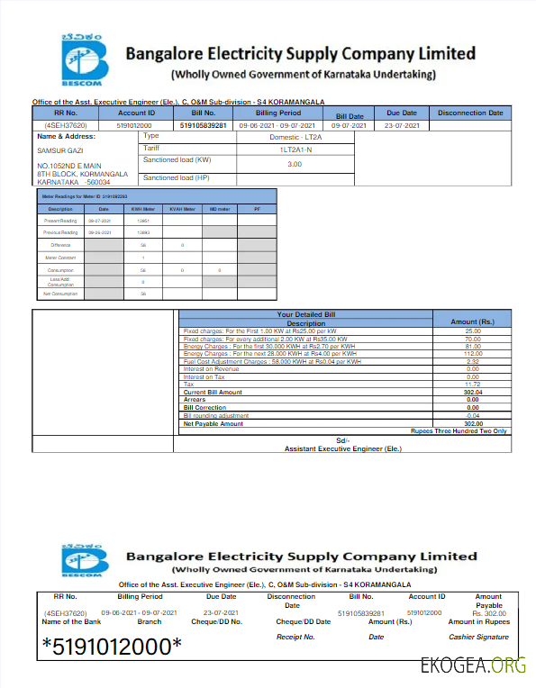 INDIA BESCOM utility bill Word and PDF template